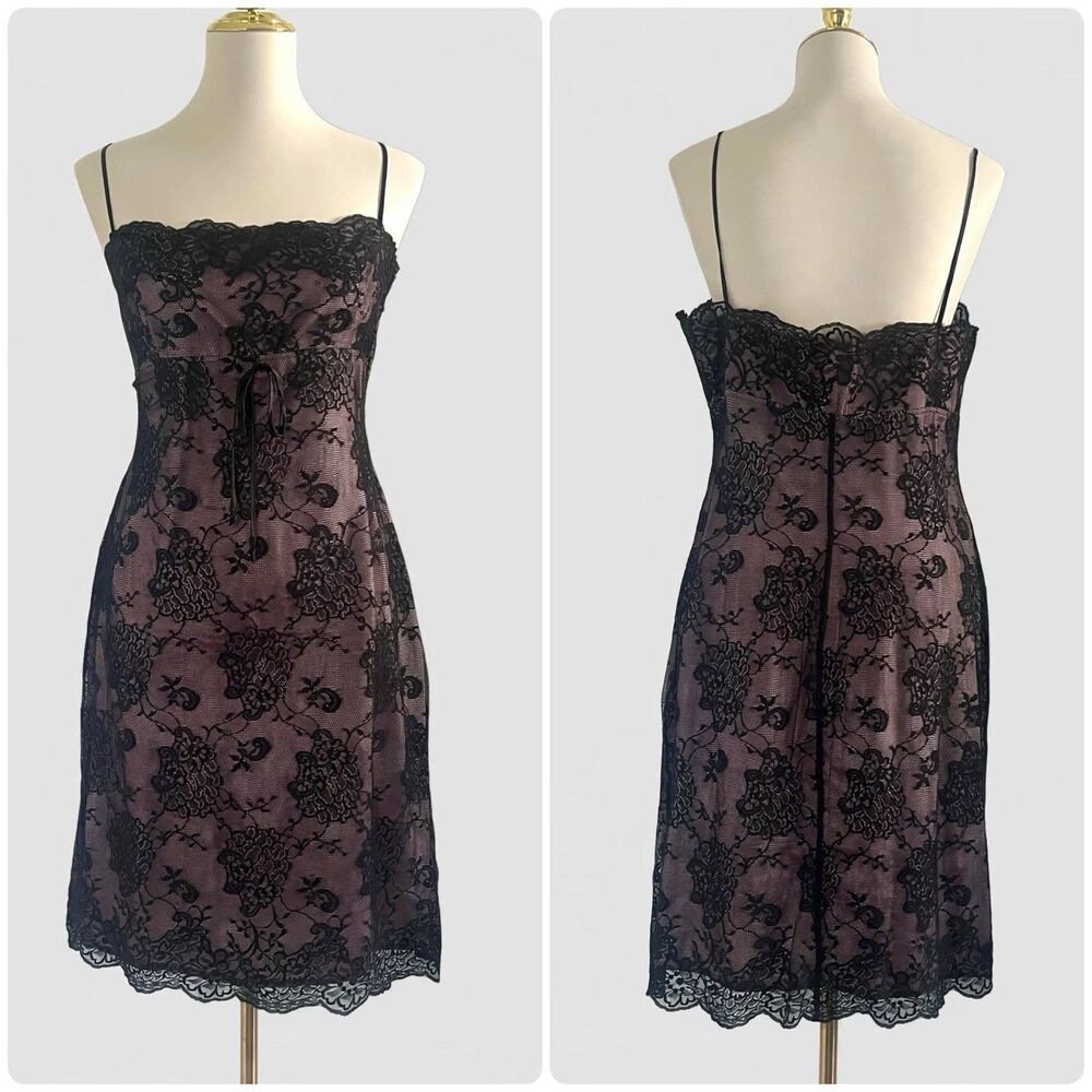 VTG Laundry Shelli Segal 1995 Black Lace Satin Detail Babydoll Cocktail Dress 12